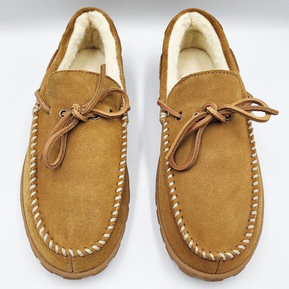 Eddie Bauer Tan Light Brown Suede Shearling-Lined Moccasin Slippers Men's Size 8 - Picture 6 of 11